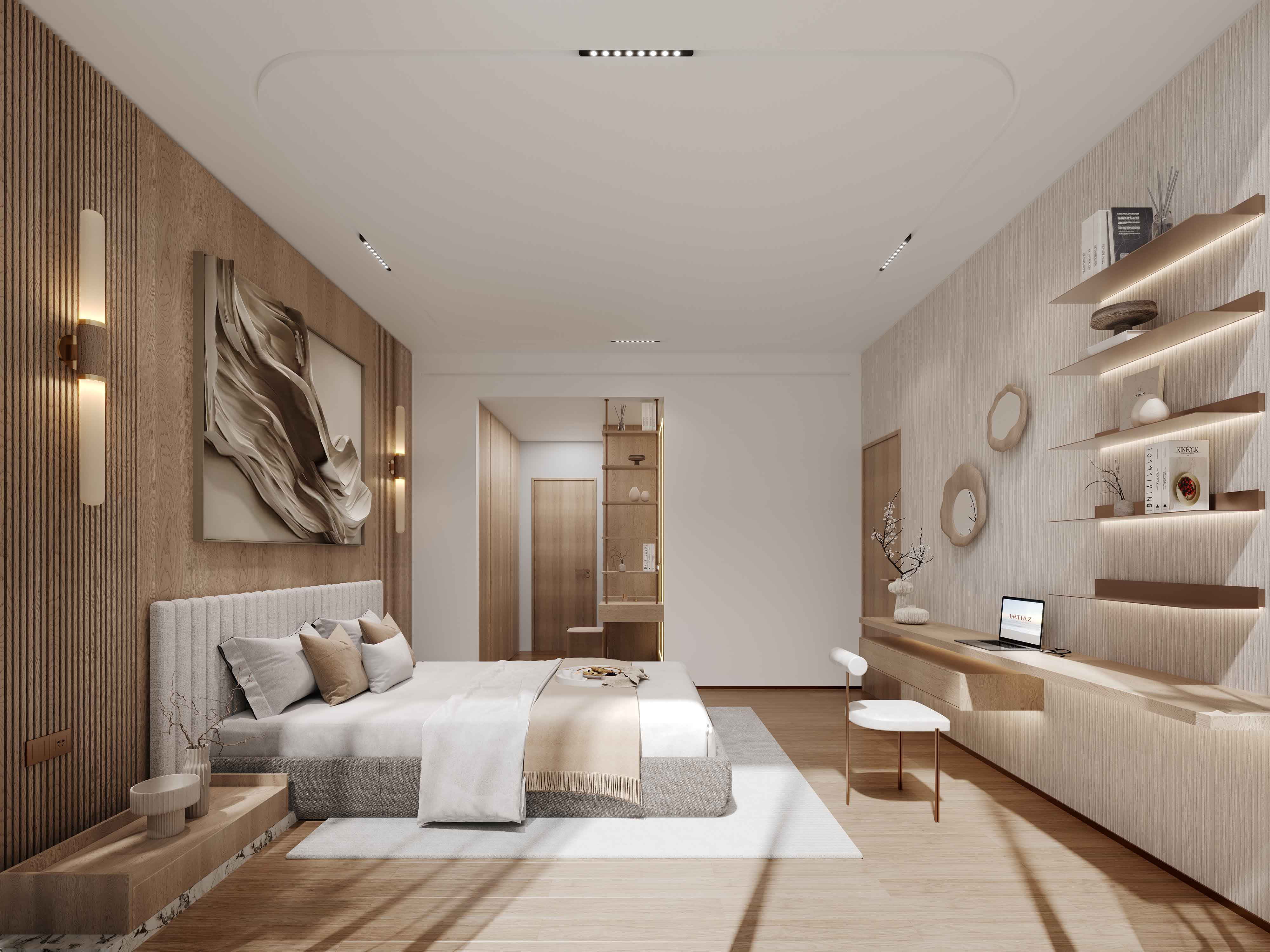 Wynwood By Imtiaz Modern bedroom with a light color palette, featuring a bed, desk, and decorative shelves. Soft lighting highlights decor.